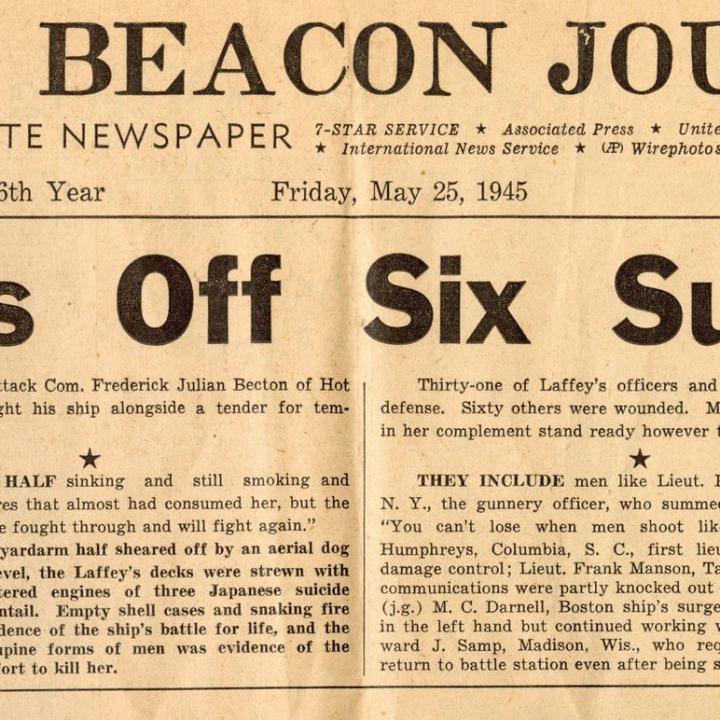 Primary Image of "Ship Brushes Off Six Suicide Planes", Akron Beacon Journal, May 25, 1945