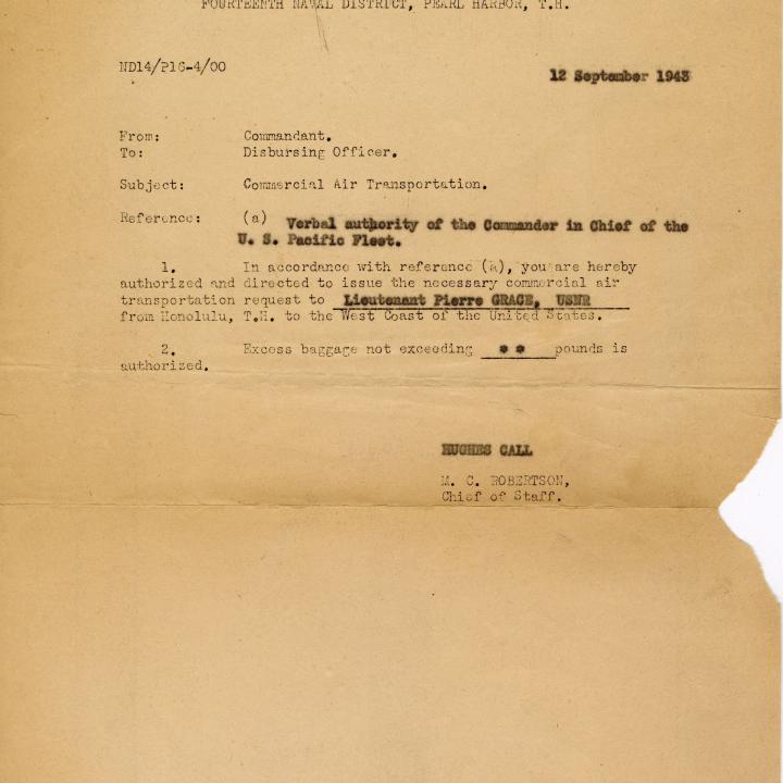 Primary Image of The Letter Authorizing Pierre Grace to Obtain Civilian Transportation from Hawaii to the United States