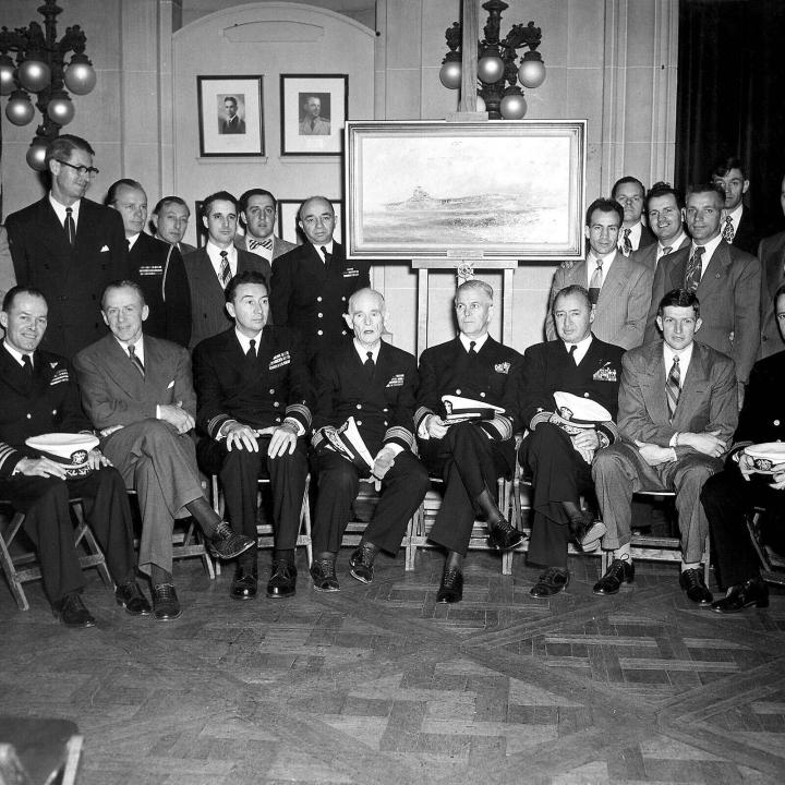 Primary Image of An Oil Painting of the USS Yorktown (CV-10) Being Presented to the Naval Academy