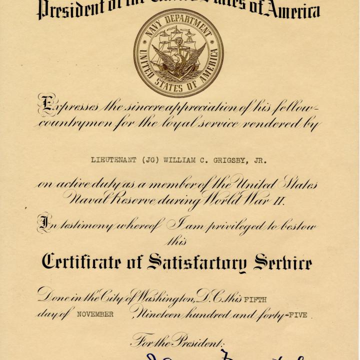 Primary Image of Certificate of Satisfactory Service Belonging to Lt. William Grigsby, Jr.