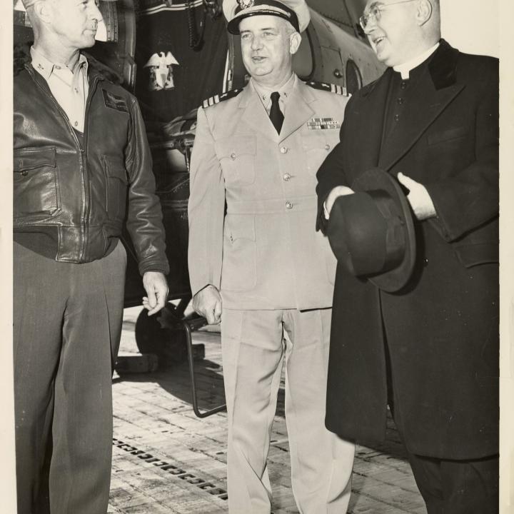 Primary Image of Captain Arnold McKechnie Welcomes Commander Connolly and Cardinal Francis Spellman to the USS Yorktown (CVA-10)