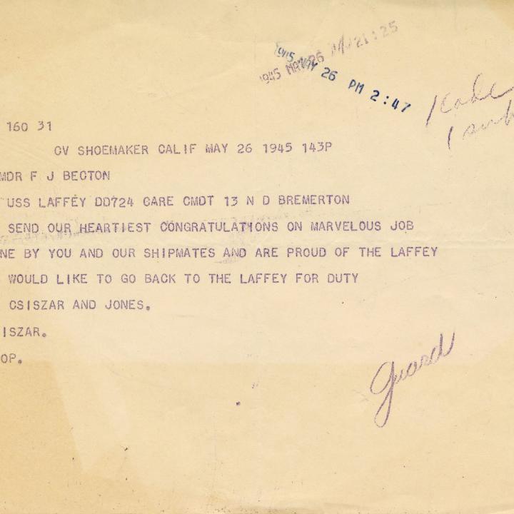 Primary Image of Message From Albert Csiszar and Robert "Bob" Jones to the USS Laffey (DD-724) Dated May 26, 1945