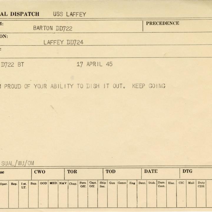 Primary Image of Message from the USS Barton (DD-722) to the USS Laffey (DD-724) Dated April 17, 1945
