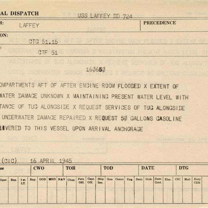 Primary Image of Message from the USS Laffey (DD-724) to Combat Task Force 51.15 Dated April 16, 1945
