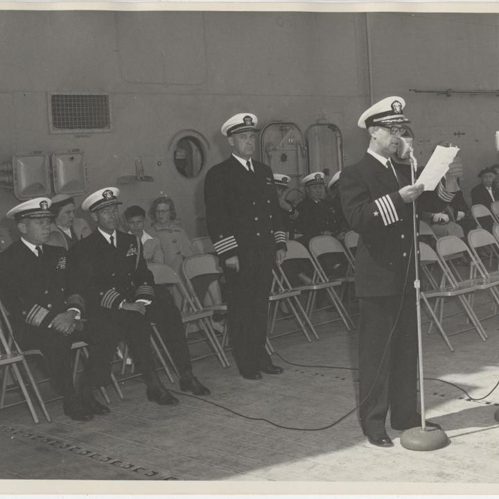 Primary Image of Captain Arnold W. McKechnie Assuming Command of the USS Yorktown (CVA-10)