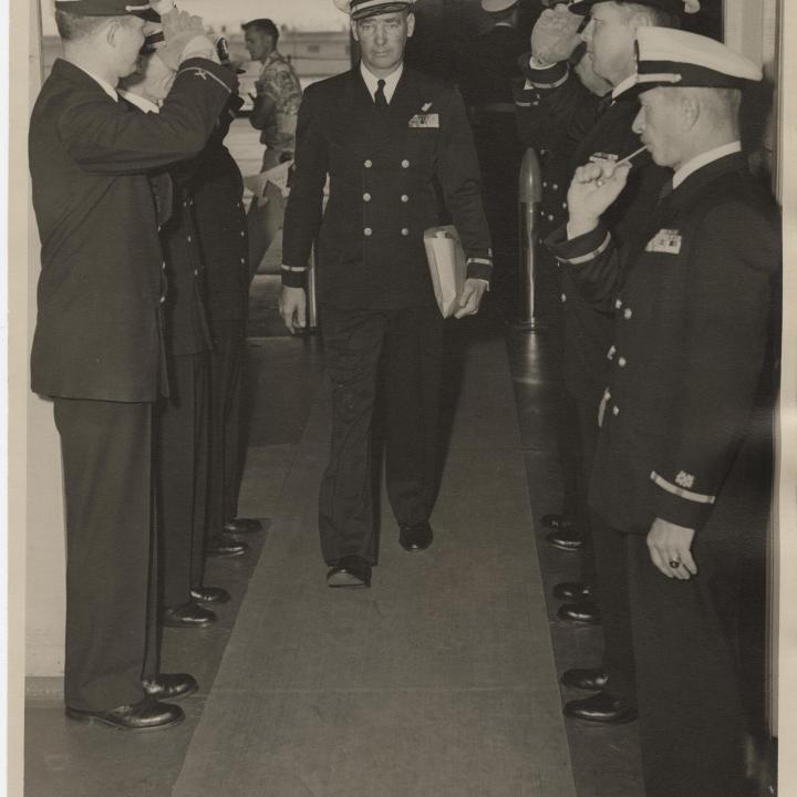 Primary Image of Chief Boatswain George A. Lentz Coming Onboard the USS Yorktown (CVA-10)