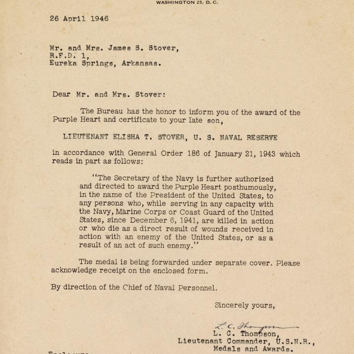 Primary Image of Letter from the Bureau of Naval Personnel Announcing that Elisha "Smokey" Stover has been Awarded the Purple Heart