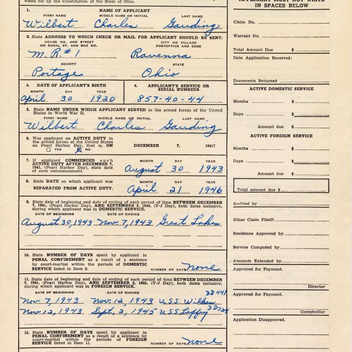 Primary Image of World War II Compensation Fund of the State of Ohio Application