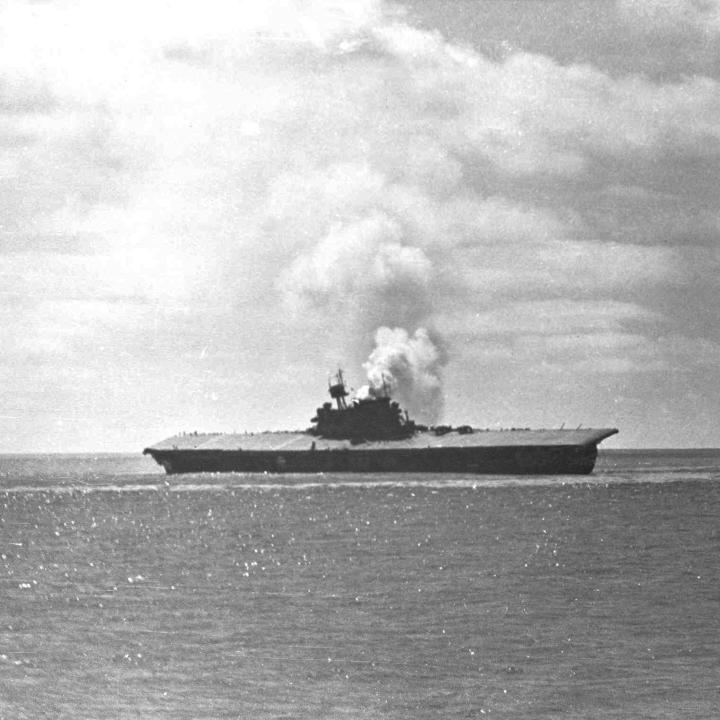 Black and white photo of the CV-5 at Midway 1 sinking