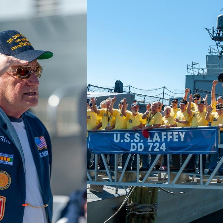 Veteran saluting the USS Laffey