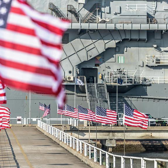 Veterans Day at USS Yorktown with American flags outside