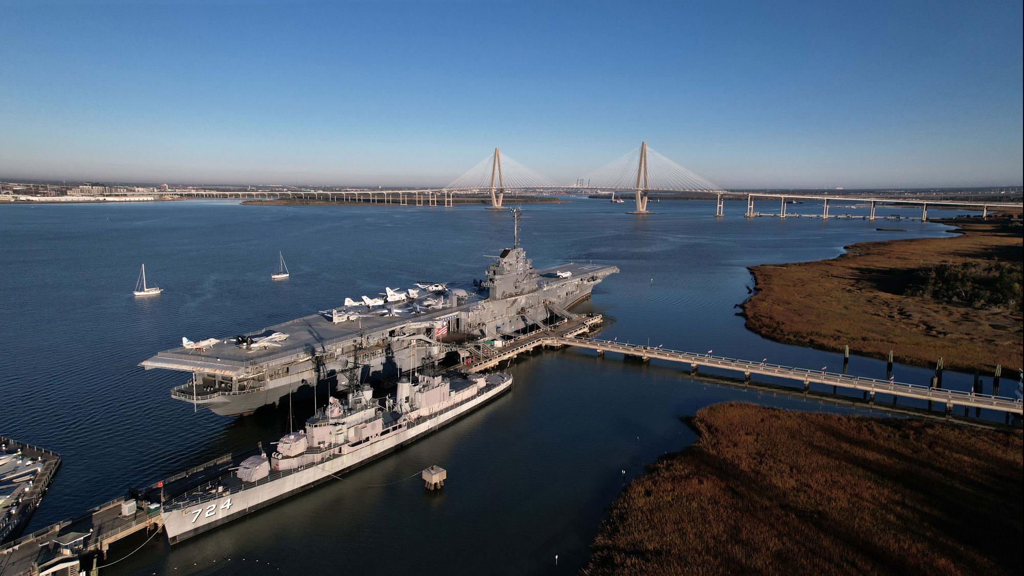 A drone view of the USS Yorktown and USS Laffey in Charleston Harbor