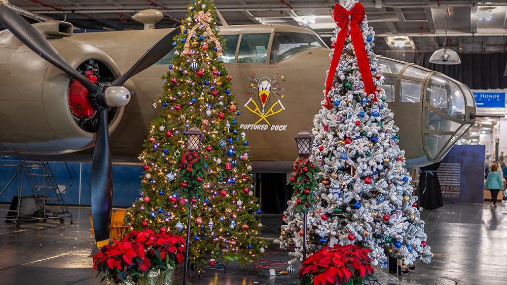 Two Christmas trees decorated with lights in front of an aircraft