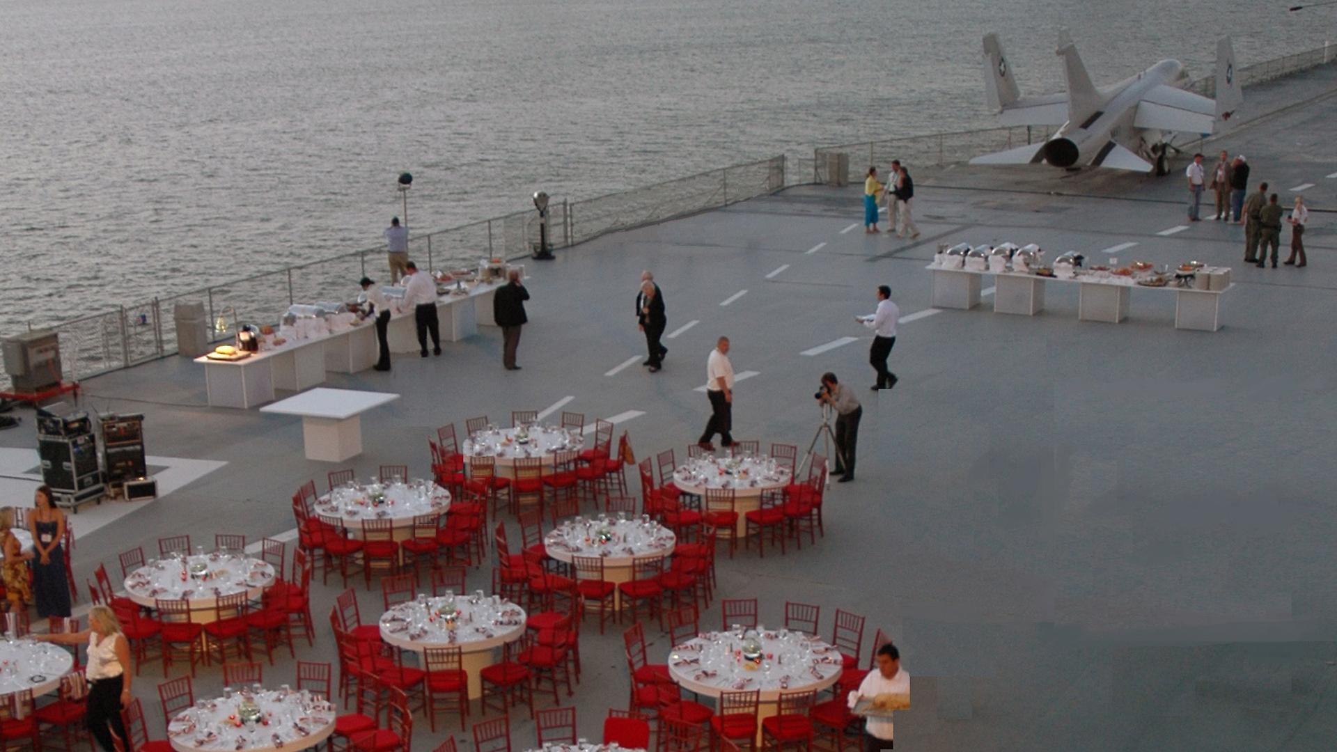Tables set up on the Flight Deck for a speakers conference