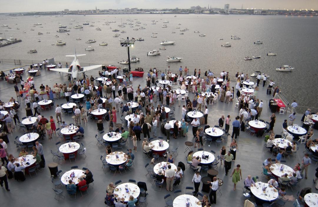 Tables set up for an event on the flight deck