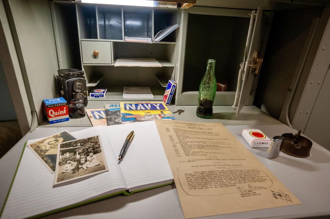 Closeup of Officer's desk with various desk items