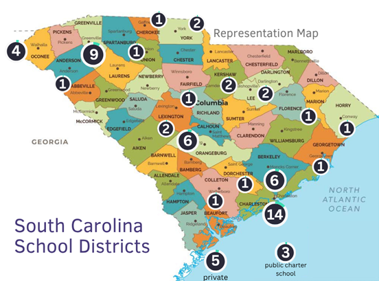 A map representing the school districts served in South Carolina