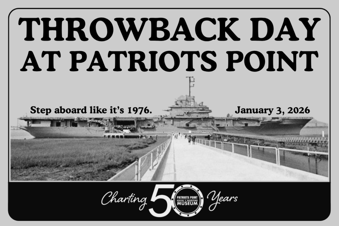 Black and white photograph of the USS Yorktown in 1976 with the words "Throwback Day"