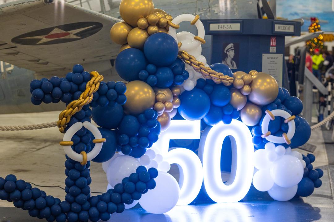 Balloons and the number 50 in marquee lights to celebrate the anniversary.