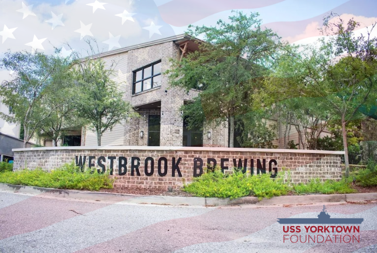 Image of Westbrook Brewing Co. with American Flag design and USS Yorktown Foundation logo. 