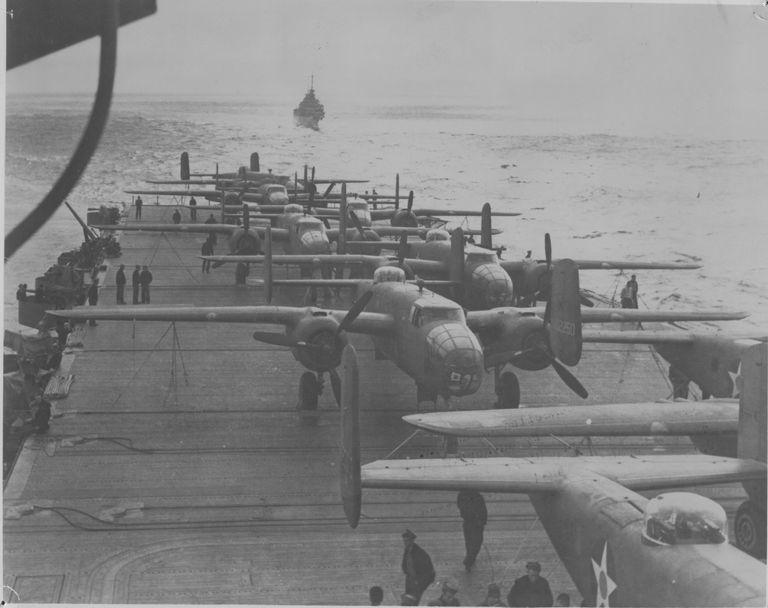 Photo of several B25 Bombers lined up on the flight deck of USS Hornet.
