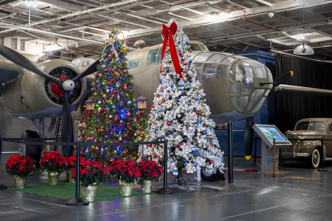 Decorated Christmas Trees shown between two aircrafts