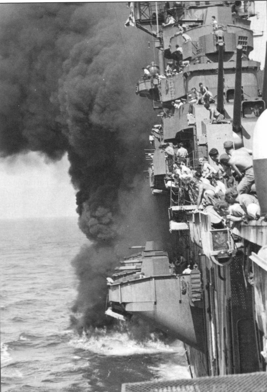View of the USS Yorktown (CV-10) when it was hit by Japanese bomb at 1507, 18 March 1945 off Okinawa