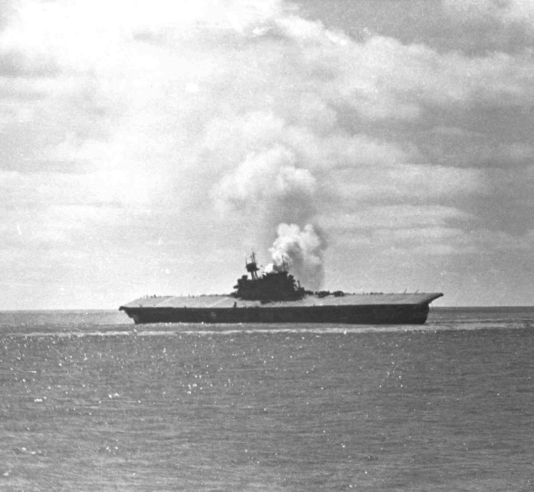 Black and white photo of the CV-5 at Midway 1 sinking