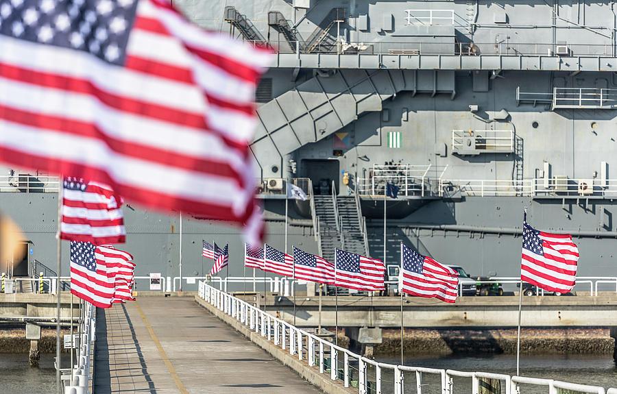 Veterans Day at USS Yorktown with American flags outside