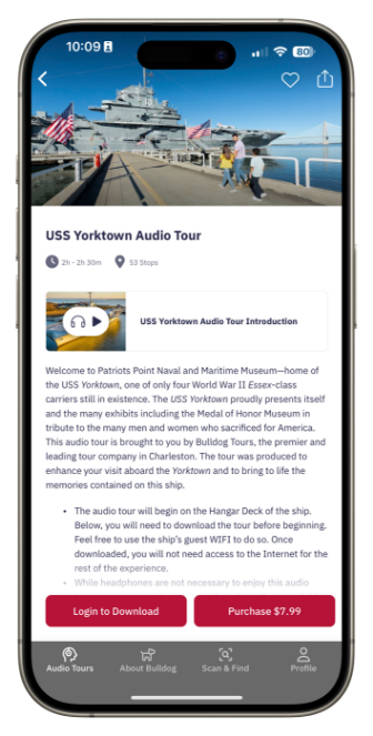 A phone with the USS Yorktown Audio Tour app showing